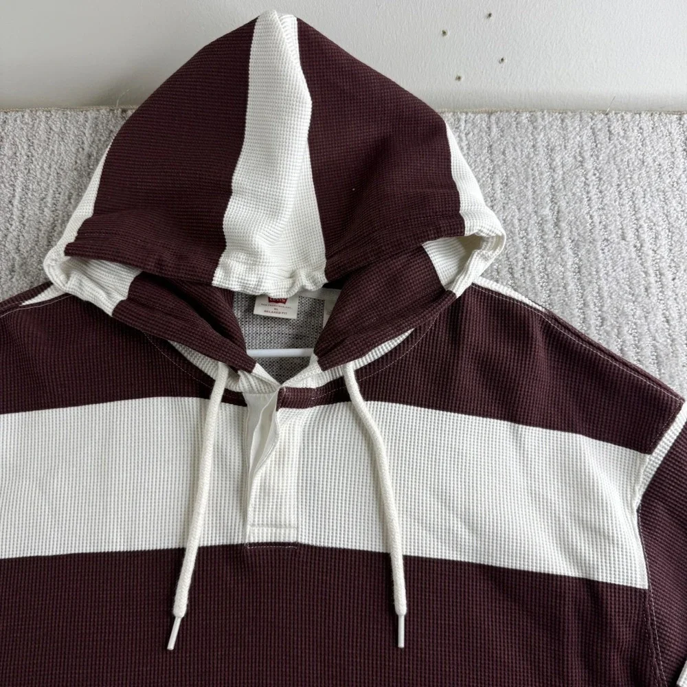 Levis Relaxed Fit Waffle Knit Striped Hoodie Mens XL Maroon White Pullover